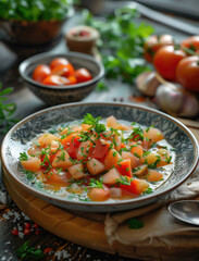 Close up photo of Gazpacho in rustic wooden table setting with fresh herbs and tomatoes