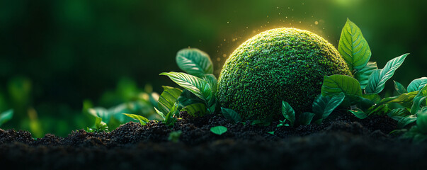 A vibrant green sphere surrounded by lush leaves, symbolizing growth and nature's beauty in a serene environment.