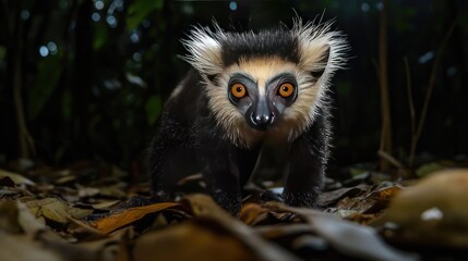 Obraz premium A Close-Up Portrait of a Black and White Lemur with Orange Eyes in a Forest Setting