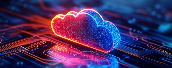 Futuristic cloud technology concept with glowing neon effects and digital circuits, symbolizing data storage and connectivity.