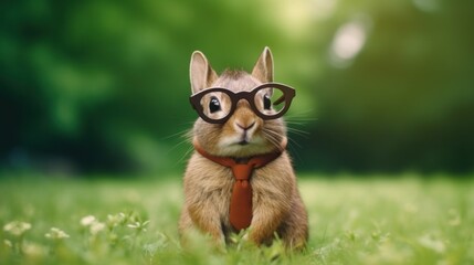 Naklejka premium Cute Bunny with Glasses and a Tie