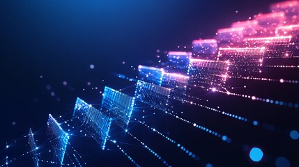 Abstract image of a Domino effect. Vector business wireframe concept. With dark blue background. Low poly wireframe with lines, dots and glowing particles