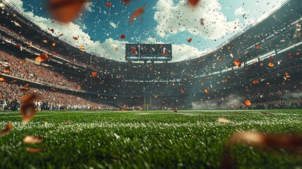 Dynamic football kick, college league, stadium crowd, intense atmosphere, green turf