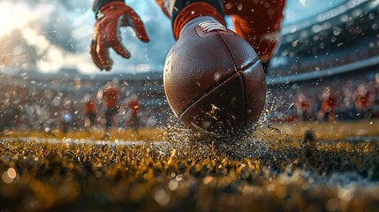 Intense football moment, player kicking, college stadium, helmet detail, dynamic shot