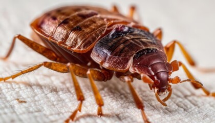 Obraz premium Closeup of a red and brown insect on a white surface