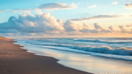 Close up of a serene beach view at sunrise, the beauty of the morning by the sea. Ai generated image
