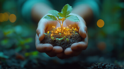 Fototapeta premium Nurturing New Growth: A pair of hands cradles a seedling, its roots glowing with a soft, ethereal light, symbolizing the potential for growth and renewal in nature. 