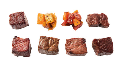 Assorted grilled beef and vegetable pieces on white background. Perfect for barbecue, culinary, or food-related stock photos. PNG