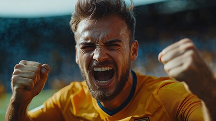 Soccer player celebrating with clenched fists, powerful expression, muscular build, winning moment