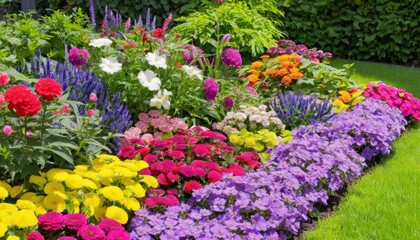 Naklejka premium Vibrant garden bed with a rainbow of blooms