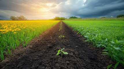 Hope Sprouts Eternal: A freshly tilled row promises new life as the sun breaks through storm clouds over a vibrant field of yellow wildflowers. 