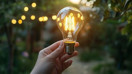 Close-up of a hand holding an eco-friendly light bulb, conservation technology, green innovation, energy-efficient living, sustainable future