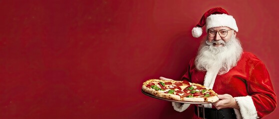 santa with pizza , delivery concept, production . Santa on a red background. banner. copy space