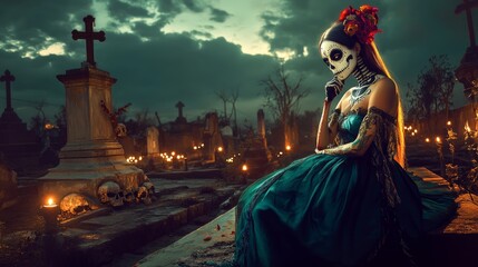 Fototapeta premium woman on day of the dead at cemetery