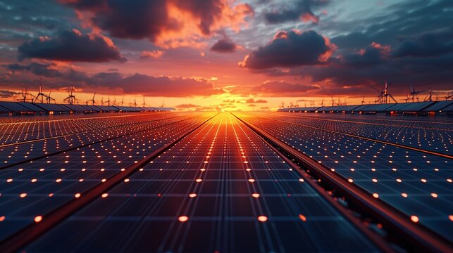 Solar panel array in an industrial setting, energy efficiency, renewable power generation, sustainable technology implementation