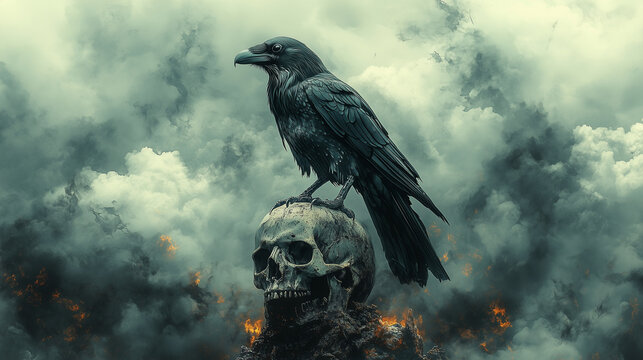 Raven on Skull in Apocalyptic Sky: A solitary raven perches atop a human skull amidst a backdrop of swirling smoke and fire, symbolizing death, mystery, and the ominous nature of an apocalyptic landsc