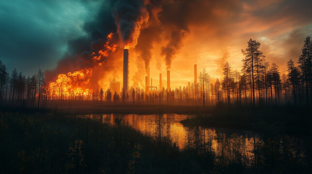 Industrial Inferno: A chilling hellscape of billowing smoke and fiery destruction as a factory burns amidst a desolate forest, reflecting ominously in the still waters below. A stark visual of environ