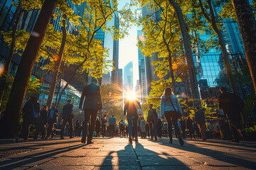 On a sunny summer morning, a wide-angle view captures bustling energy of business people as they...