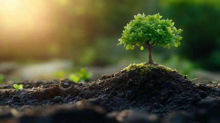 New Beginnings:  A lone sapling stands tall, its vibrant green leaves reaching towards the sun in a serene forest setting. The warm glow of the setting sun bathes the scene in a golden hue, symbolizin