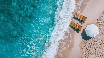 Top-down shot of two wooden sun loungers next to a white sun umbrella on a sandy beach, with the turquoise sea waves gently rolling in