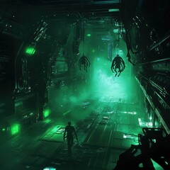 Naklejka premium Illustration of an eerie green light and a skeleton floating in the darkness. Ai generated image