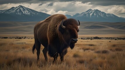 Close-Up of A majestic American bison with a thick, dark brown coat stands proudly in a vast, grassy meadow.The symbol of power and bravery, and the national animal of USA 