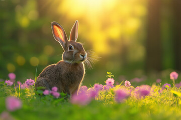 A brown rabbit sits in a vibrant, sunlit meadow filled with lush green grass and blooming pink flowers, capturing the serenity and beauty of nature at golden hour.