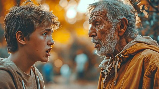 Anger-filled man shoving a menacing man outside settling issue force, hostility
