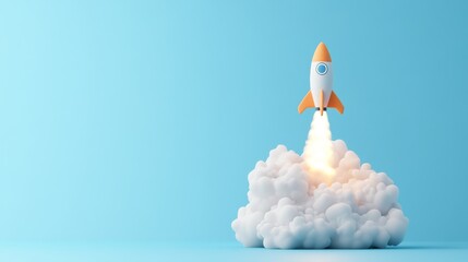 A 3D simple style icon of a cloud with a rocket launching from it symbolizing cloud computing and digital startup concepts designed with clean lines and a minimalistic finish