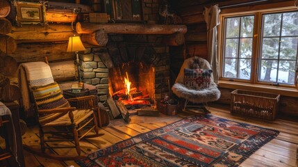 Fototapeta premium Cozy Cabin Interior with Fireplace