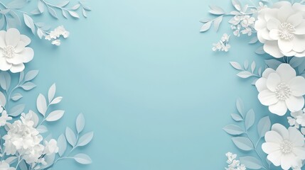 Elegant paper flowers and leaves against a pastel blue background. Ideal for invitations, greeting cards, and decorative art.