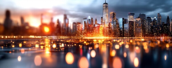 Obraz premium A stunning cityscape with vibrant lights reflecting on water at dusk, highlighting the architectural beauty of an urban skyline.