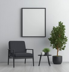 Modern minimalist living room with black chair, small table, indoor plants, and blank picture frame on wall for art display.