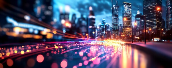 Obraz premium Vibrant cityscape at night with colorful lights and blurred motion, showcasing urban energy and nightlife.