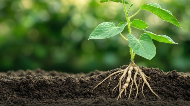 Illustration of soybean plant with roots in the soil. Ai generated image