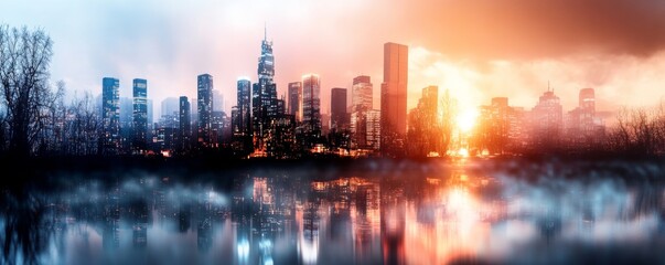 Stunning sunset skyline reflection over water, showcasing a vibrant cityscape and beautiful light contrasts.