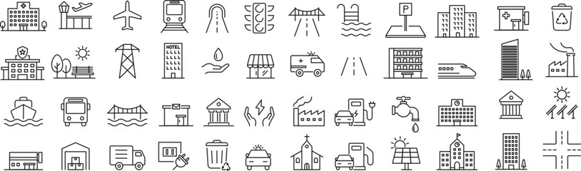 ベクターでモノクロのインフラに関する線画アイコンセット