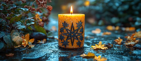 A warm, glowing candle surrounded by autumn leaves creates a mystical Halloween atmosphere ideal for celebrations, rituals, or themed events with copy space.
