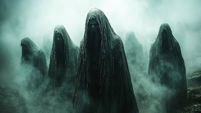 Mysterious ghostly figures in dark cloaks emerge through fog, perfect for Halloween-themed designs and eerie storytelling with copy space.