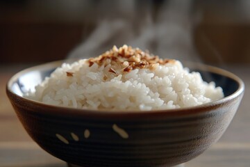 Steaming Bowl of White Rice with Toasted Grains