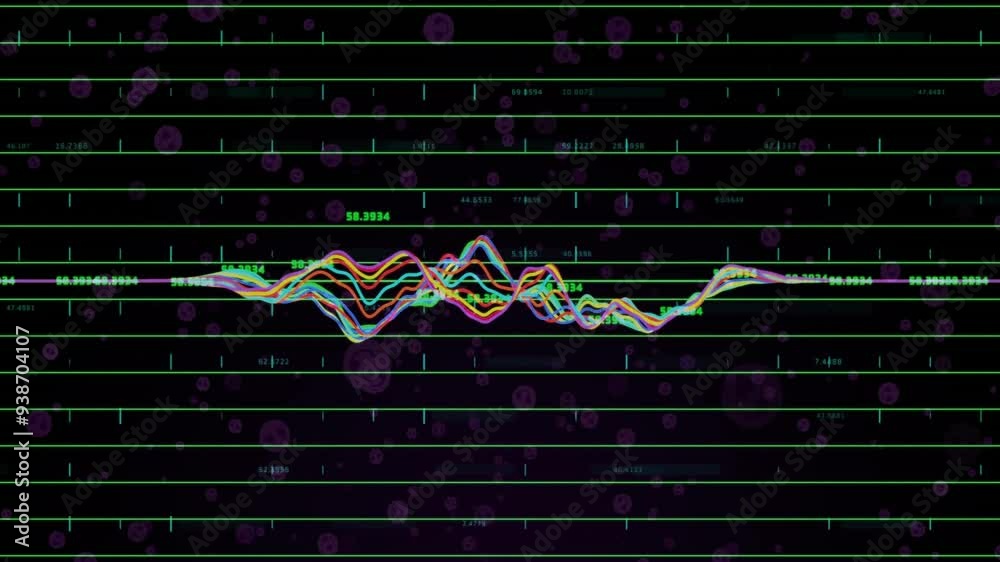 Sticker Animating stock market data with fluctuating graphs over dark background and bubbles