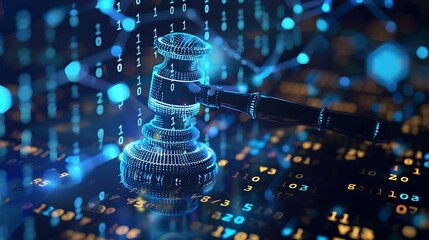 Digital gavel rendered in blue and black abstract style with backdrop of code and digital circuitry for representing intersection of technology and justice legal innovation concept.