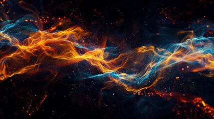 Abstract waves of glowing orange particles flowing in dark background