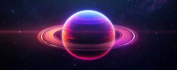 A 3D glowing planet surrounded by shimmering rings, floating in deep space, 3D glow, planet, space