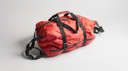 Red duffle bag with black stripes, traveler backpack