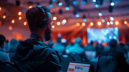 Man with headphones using laptop during vibrant tech conference with blue and orange lighting, capturing the essence of modern technology events.
