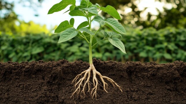 Illustration of soybean plant with roots in the soil. Ai generated image