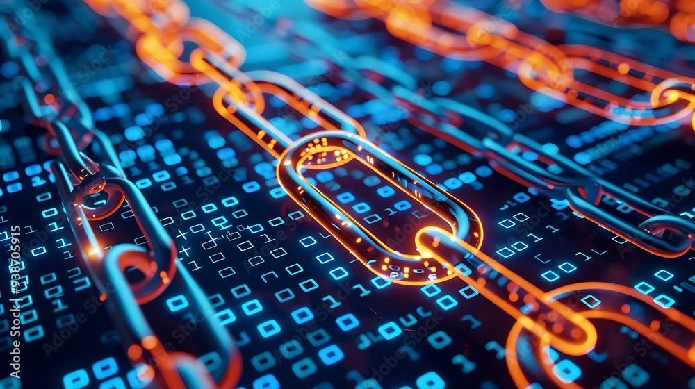 Poster digital chain with glowing links on a background of binary code, illustrating the concept of cyberse