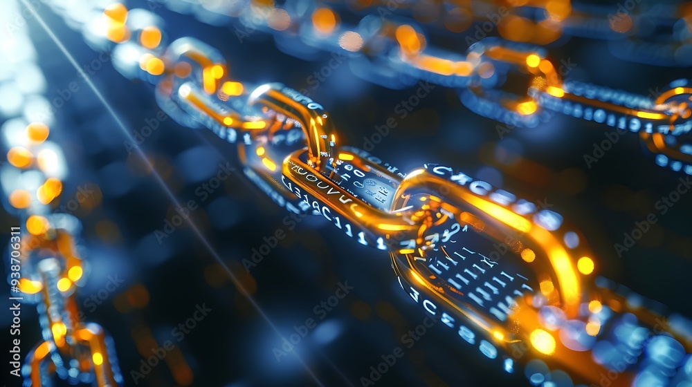Poster close-up shot of a golden chain with data encoded on it. the chain is a metaphor for digital securit