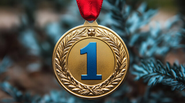 gold winner’s medal with the number "1" hangs proudly, symbolizing top achievement and excellence. Ideal for celebrating victories, success, and outstanding performance